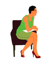 Show host woman speaking on tv show event vector illustration. Head announces present news. Announcement of the program. Public speaker lady event presenter sitting in studio and reading papers. 