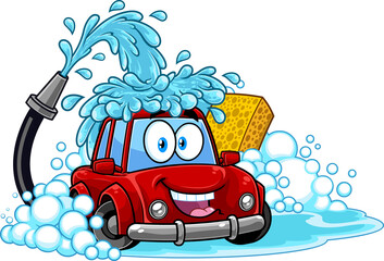 Automobile Cartoon Character Washing Itself Over Car Wash. Vector Hand Drawn Illustration Isolated On Transparent Background