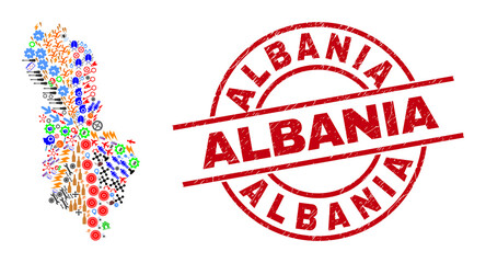 Albania map collage and textured Albania red circle watermark. Albania stamp uses vector lines and arcs. Albania map collage includes helmets, houses, screwdrivers, bugs, men, and more pictograms.