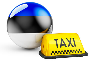 Taxi service in Estonia concept. Yellow taxi car signboard with Estonian flag, 3D rendering