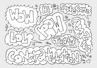 Hand drawn arrows, borders set with handwritten text: wow,pow,lol,hi,awesome,amazing,thank's,congratulation. Vector icon.