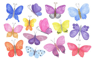 Multicolored butterflies set watercolor illustration violet, pink, blue, red, yellow, simple hand drawn colorful clipart for cards, invitations, textile or any other design purposes
