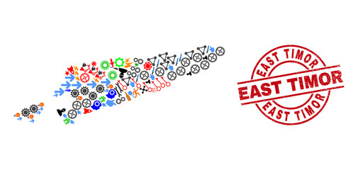 East Timor map collage and rubber East Timor red round stamp print. East Timor stamp uses vector lines and arcs. East Timor map collage includes helmets, homes, screwdrivers, bugs, people,