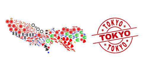 Tokyo Prefecture map collage and rubber Tokyo red round stamp seal. Tokyo stamp uses vector lines and arcs. Tokyo Prefecture map collage includes gears, houses, screwdrivers, bugs, hands,