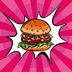 Hand drawn Hamburger. Fast Food sketch. Comic book style, pop art retro illustration.