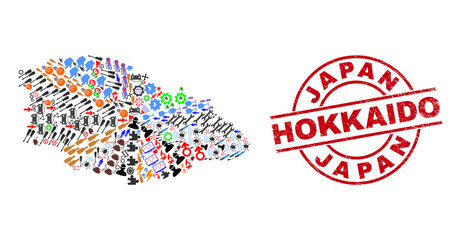 Gozo Island map collage and rubber Japan Hokkaido red circle badge. Japan Hokkaido stamp uses vector lines and arcs. Gozo Island map collage contains gears, houses, screwdrivers, suns, men,