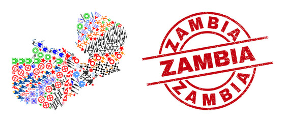 Zambia map mosaic and textured Zambia red round badge. Zambia badge uses vector lines and arcs. Zambia map mosaic includes markers, houses, showers, suns, hands, and more pictograms.
