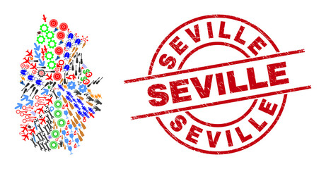 Lugo Province map collage and textured Seville red round stamp. Seville stamp uses vector lines and arcs. Lugo Province map collage contains helmets, houses, screwdrivers, suns, stars, and more icons.