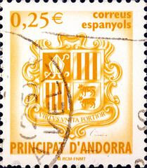 Andorra Spain, Circa 2007: a stamp printed in Spain shows the coat of arms of the Principality of...