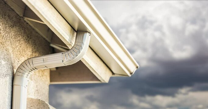 4K Newly Installed Rain Gutter and Drain Downspout with Time-lapse Storm Clouds Behind.