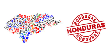 Honduras map mosaic and unclean Honduras red circle stamp. Honduras seal uses vector lines and arcs. Honduras map mosaic contains helmets, houses, lamps, bugs, stars, and more pictograms.