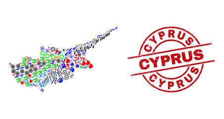 Cyprus map mosaic and rubber Cyprus red circle stamp seal. Cyprus seal uses vector lines and arcs. Cyprus map mosaic contains gears, homes, wrenches, bugs, men, and more symbols.