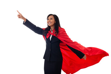 Portrait of cheerful businesswoman dressed as superhero pointing finger up isolated on white background