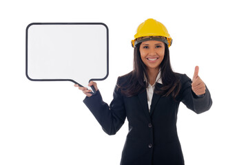 Full length of asian smiling woman architect holding blueprints and clipboard. Isolated portrait of woman engineer