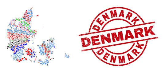 Denmark map collage and distress Denmark red circle watermark. Denmark stamp uses vector lines and arcs. Denmark map collage contains helmets, houses, showers, bugs, people, and more icons.