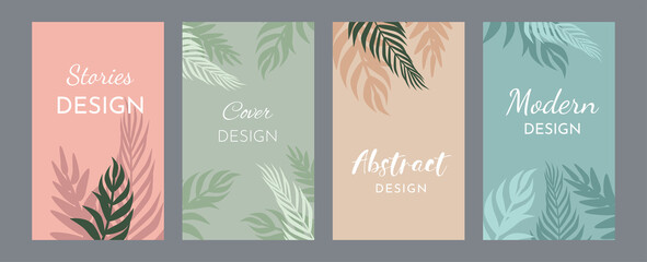 Bundle of covers with tropical leaves. Modern abstract design. In the style of minimalism. Banner background colors: pink, green, orange and blue. To create a story in social media