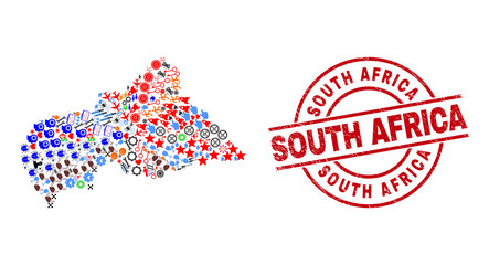 Central African Republic map mosaic and distress South Africa red round stamp seal. South Africa stamp uses vector lines and arcs. Central African Republic map mosaic contains helmets, houses,