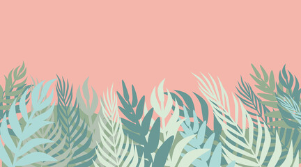 Summer sale banner with tropical leaves. Modern abstract design. Tropical leaves on a pale pink background. For summer promotions and sales