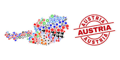 Austria map collage and dirty Austria red round stamp print. Austria stamp uses vector lines and arcs. Austria map mosaic includes gears, houses, lamps, bugs, stars, and more icons.