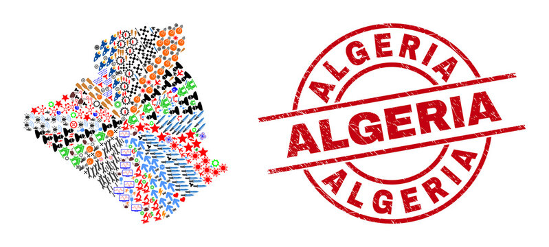 Algeria map collage and rubber Algeria red round stamp. Algeria seal uses vector lines and arcs. Algeria map collage contains gears, houses, lamps, suns, men, and more pictograms.