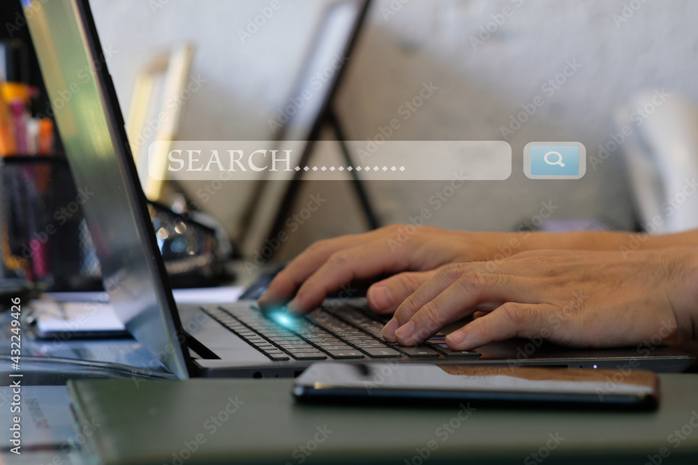 Poster person using on laptop computer and uploding internet data ,information networking concept