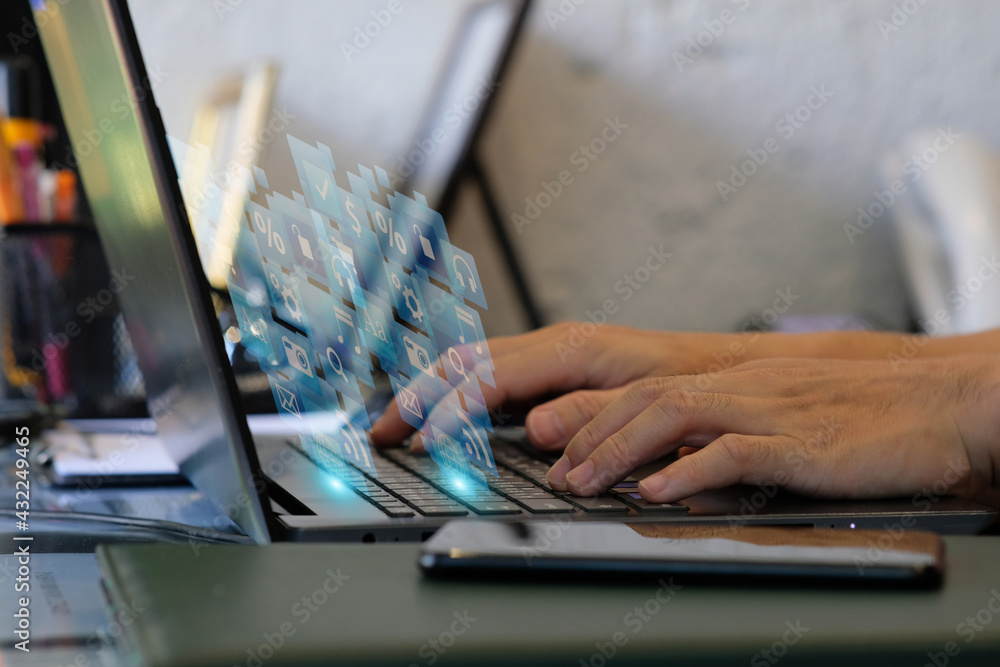 Poster person using on laptop computer and management digital data concept