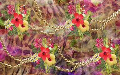 leopard and golden chains pattern with flower pattern