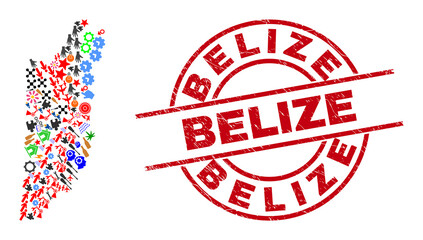 Belize map collage and unclean Belize red round stamp print. Belize stamp uses vector lines and arcs. Belize map collage includes helmets, houses, lamps, bugs, hands, and more pictograms.