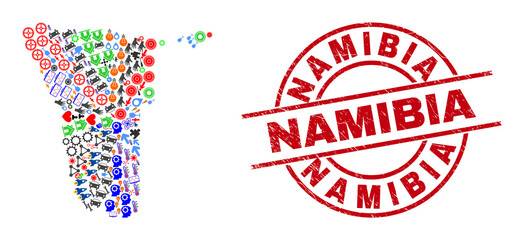 Namibia map collage and grunge Namibia red round stamp print. Namibia stamp uses vector lines and arcs. Namibia map mosaic contains markers, homes, wrenches, bugs, hands, and more symbols.