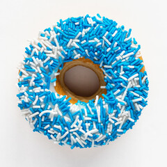 Donut with blue and white sprinkles on white background with copy space.