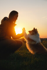 Fototapeta na wymiar The dog shaking hand with the owner. The friendship between woman and her pet.