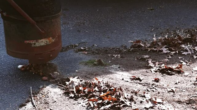 Worker in is cleaning falling leaves being vacuumed up on city street in autumn