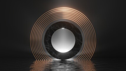 3d render, abstract black background. Modern minimal showcase for product presentation, simple scene with shiny golden rings, round marble frame and reflections in the water