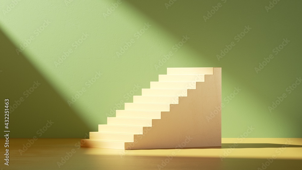 Poster 3d render. simple stairs and steps in empty room with green wall illuminated with bright sunlight. m