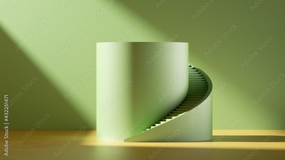 Poster 3d render. cylinder podium with spiral stairs and steps in empty room with green wall illuminated wi