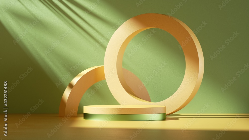 Poster 3d render. minimal abstract geometric background with direct sunlight in shades of green and yellow.