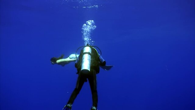 Young woman mermaid poses for camera of cameraman underwater in sea. Freediver undine water nymph with monofin on clean blue background in sea.