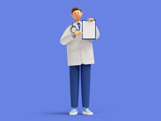 3d render, doctor cartoon character standing, holding clipboard with blank page mockup. Friendly professional therapist. Health check up concept. Medical clip art isolated on blue background - obrazy, fototapety, plakaty