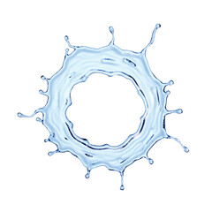 3d render, round water splash. Splashing crown element, blue liquid clip art isolated on white background
