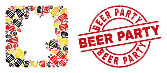 German state map mosaic in Germany flag official colors - red, yellow, black, and Beer Party red round stamp imitation. Beer Party badge uses vector lines and arcs.