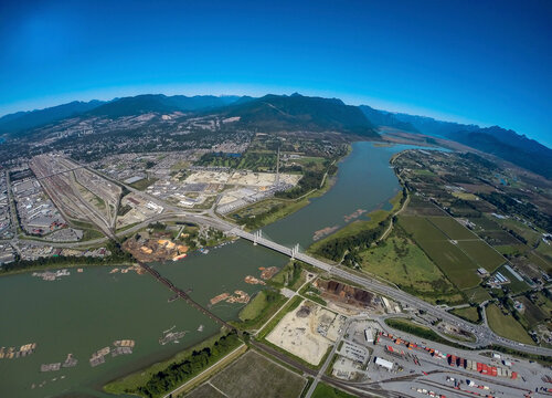 Stock aerial photo of Pitt River Bridge, BC, Canada