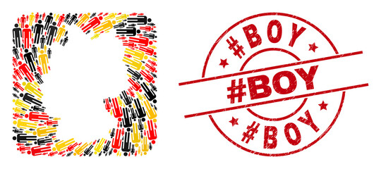 German map collage in Germany flag official colors - red, yellow, black, and scratched #Boy red circle badge. #Boy badge uses vector lines and arcs.