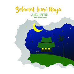 Selamat Hari Raya Aidilfitri or Eid Mubarak vector illustration with traditional malay kampung village house. - 432252617