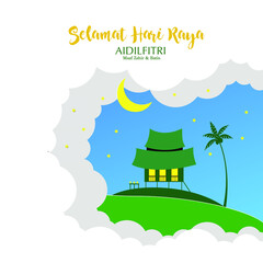 Selamat Hari Raya Aidilfitri or Eid Mubarak vector illustration with traditional malay kampung village house. - 432252638