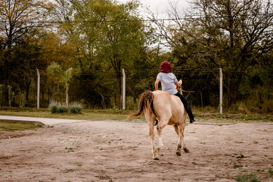Ni&ntilde;a joven adolescente galopando sobre caballo en el campo