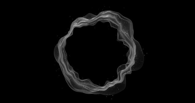 An abstract animation with flowing, dynamic fabric and floating particles, forming a circular ring, over a black background