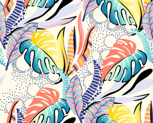 Fototapeta na wymiar Seamless pattern of a tropical artwork, with multicolored hand drawn elements and funny background. Monstera pattern perfect for fashion and decoration