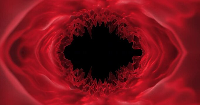 An abstract animation with a red tunnel and dynamic spikes or stalactites, over a black background