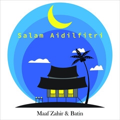 Salam Eid Fitr or Eid Mubarak greeting with gradient flat magenta color background of traditional malay kampung house, yellow moon and stars and traditional bamboo lamp - 432254078