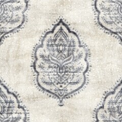 Seamless grungy tribal ethnic rug motif pattern. High quality illustration. Distressed old looking native style design in shades of gray and cream. Old artisan textile seamless pattern.